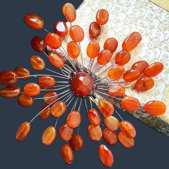 Artisan-Made Wired Starburst Spray Brooch Amber Jewels Silver Wire EUC - Picture 2 of 9